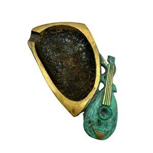 Vintage Mid Century Modern Brass & Patinated Ashtray With Lyre Motif Israel